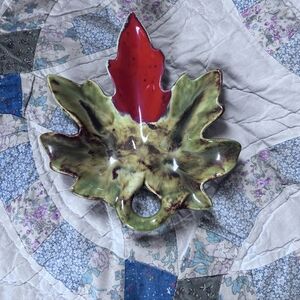 Handcrafted Leaf-Shaped Ceramic Dish - Red and Green